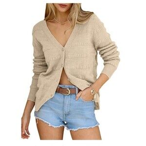 Cable Knitted Lightweight Women's Cardigan Sweater Beige New Sz M